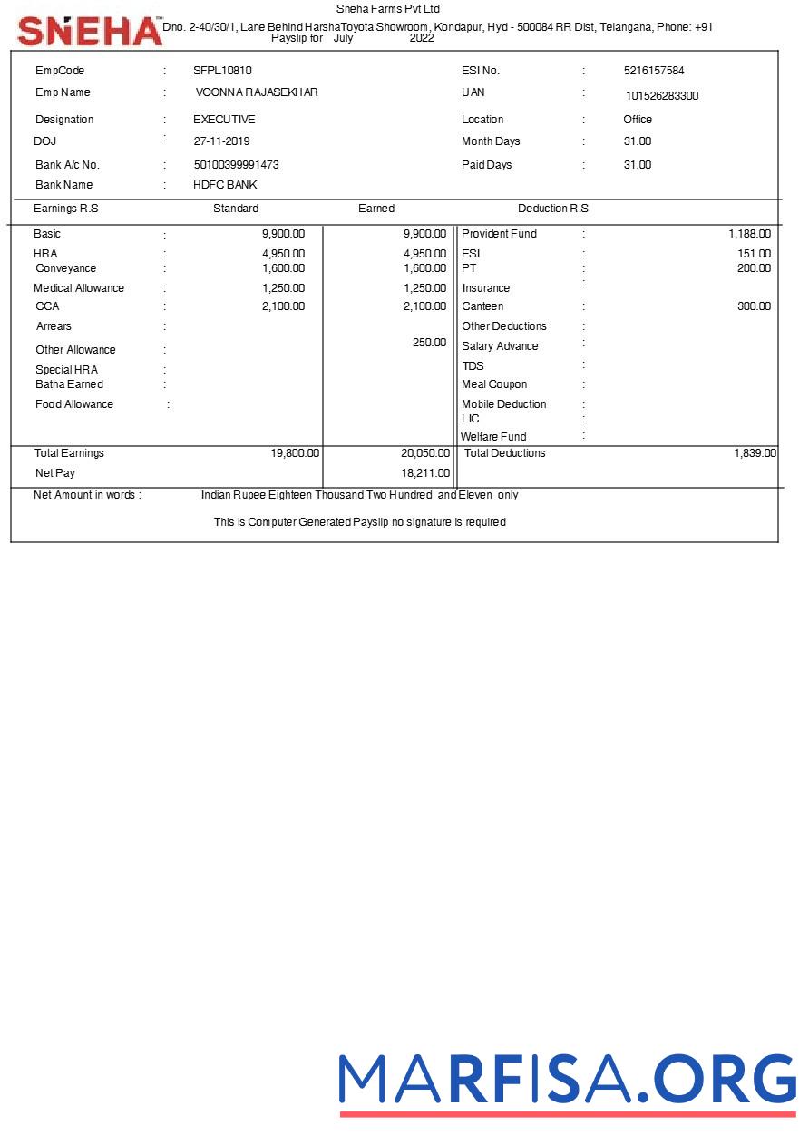 Printable Sneha Farms payslip download for verification